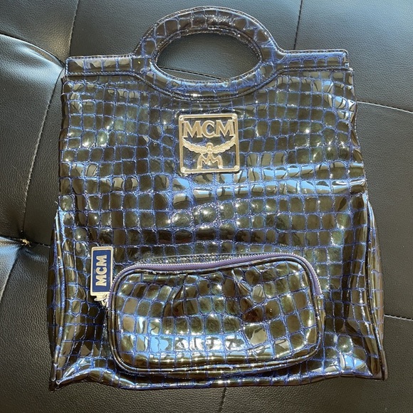 MCM Blue Crocodile Embossed Patent Leather Bag - Picture 3 of 10